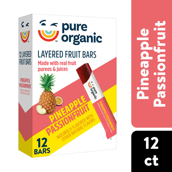 Box of pure organic layered fruit bars with pineapple and passionfruit flavor on a white background. Pure Organic Pineapple Passionfruit Layered Fruit Bars, Gluten Free, 12 C
