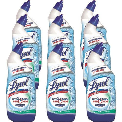 Multiple bottles of Lysol cleaning solution with visible branding on a white background