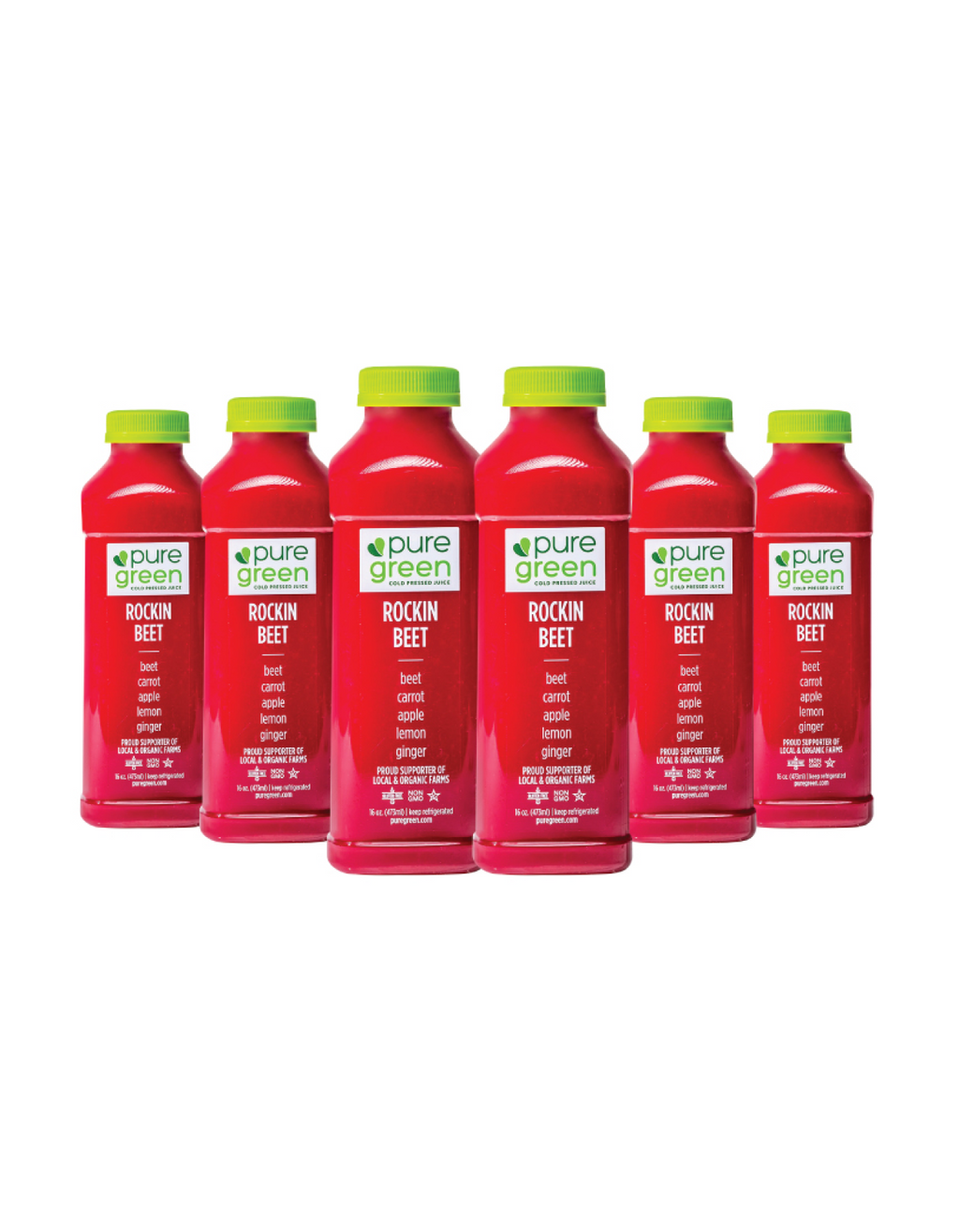 Red bottles of 'pure green' Rockin Beet juice with green caps on a white background. Cold-Pressed juice drink with Beets, Carrot, Apple, Lemon and Ginger. A NON-GMO juice drink in 16 - oz bottle. The Pure Green Cold Pressed Juice company is a proud supporter of local and organic farms.