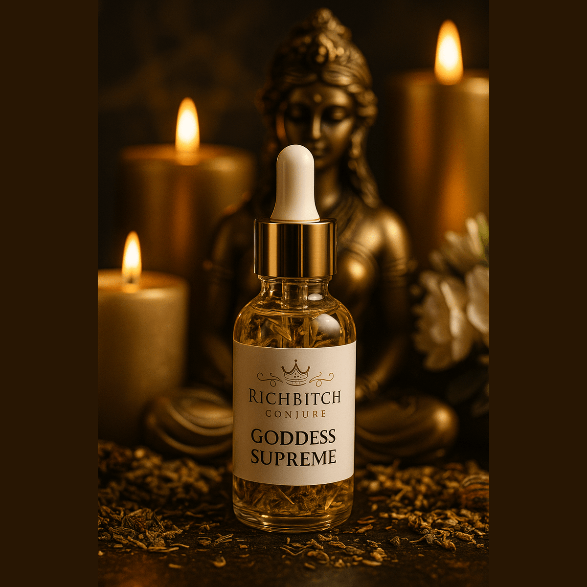 Hand-blended Goddess Supreme oil for manifestation, featuring a luxurious gold label with elegant typography, housed in a premium glass dropper bottle designed for spiritual rituals and abundance work. This Hoodoo Oil is used to command the riches, respect, and radiant beauty that are rightfully yours