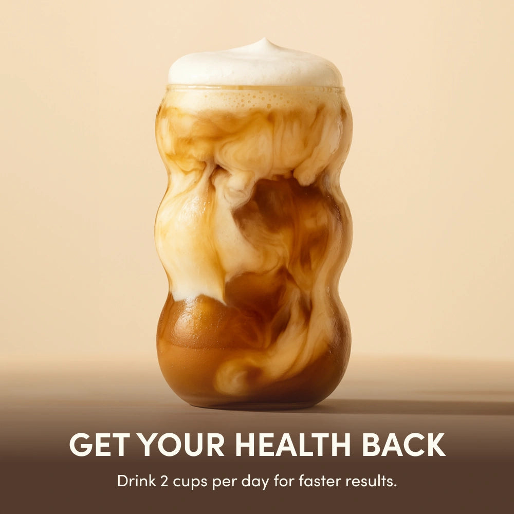 RYZE Superfoods Mushroom Coffee with organic Arabica coffee, six adaptogenic mushrooms, and a freshly brewed cup. Drink 2 cups per day for faster results.