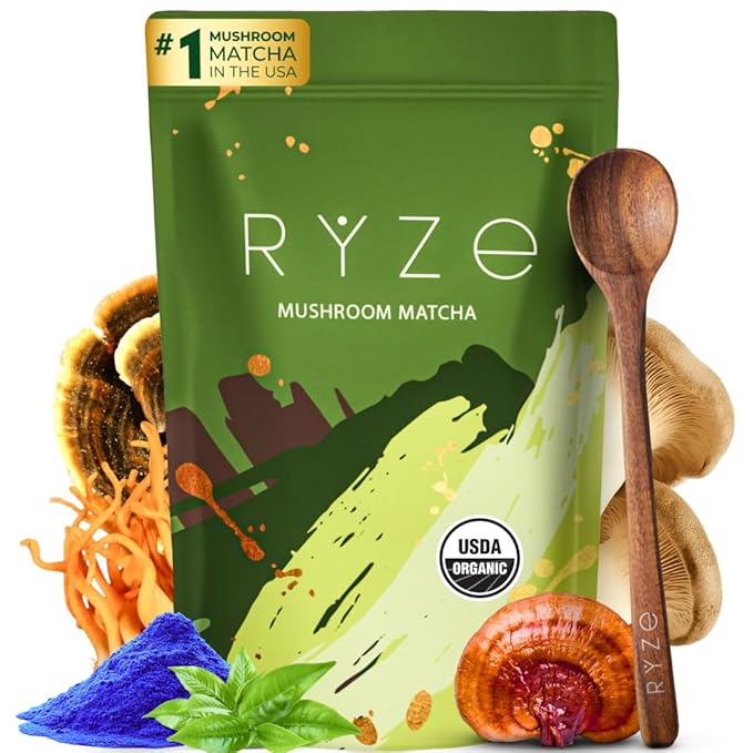 RYZE Superfoods Mushroom Matcha Starter Kit with USDA Organic ceremonial-grade matcha, six adaptogenic mushrooms, and wooden spoon for energy, focus, and immune support.