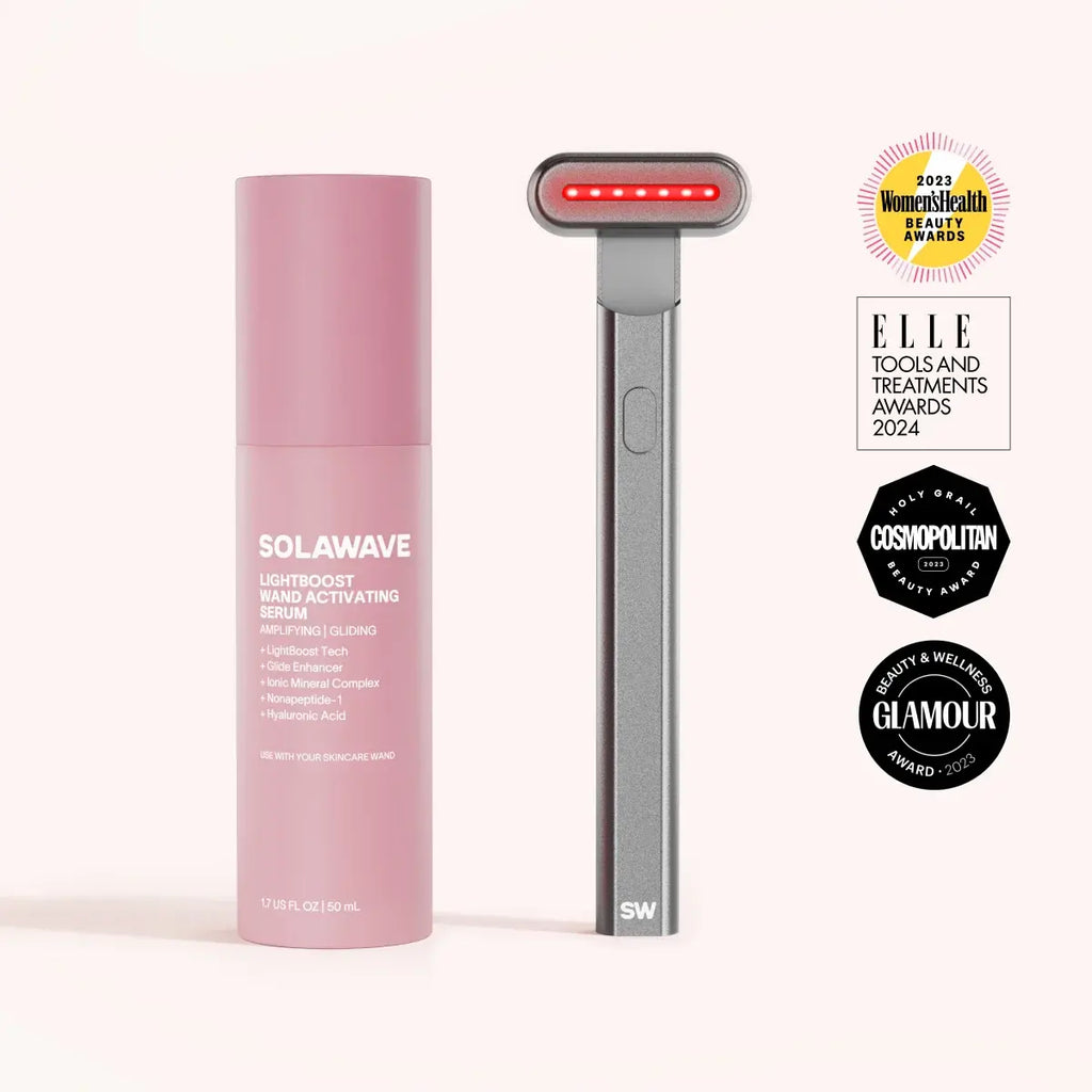 SolaWave 4-in-1 Red Light Therapy Wand & LightBoost Activating Serum Kit in Charcoal with award-winning LED skincare technology for radiant, firmer-looking skin