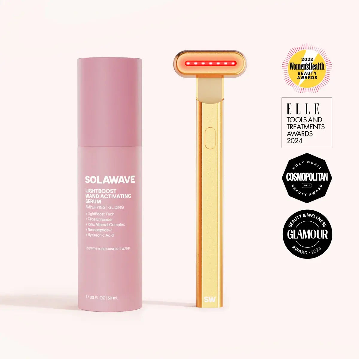 SolaWave 4-in-1 Red Light Therapy Wand & LightBoost Activating Serum Kit in Rose Gold featuring award-winning LED skincare technology for radiant, smoother-looking skin