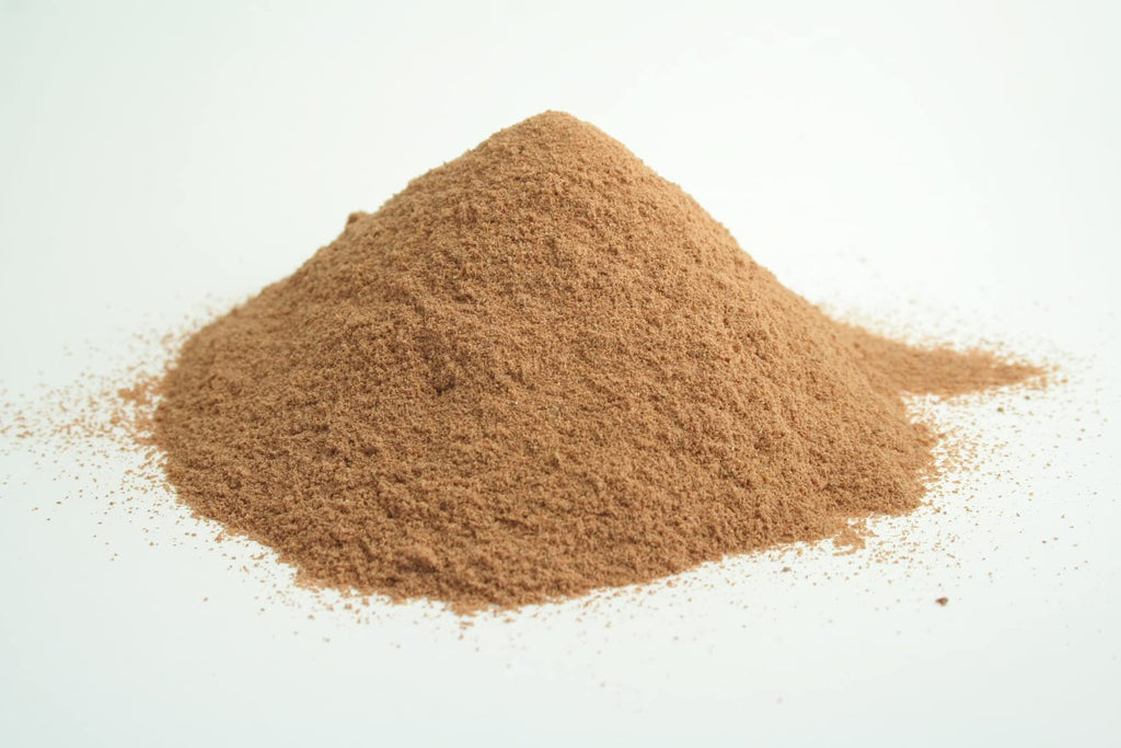 Pile of brown powder on a white background