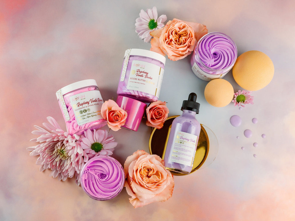 Raspberry Vanilla Boobies Sugar Scrub luxury body care collection featuring whipped sugar scrub, body butter, body oil, and bath sponge with natural ingredients for gentle exfoliation and deeply nourished skin. Clean beauty, vegan, cruelty free, paraben free, gluten free formula in recyclable packaging from a female owned brand, designed to smooth, soften, hydrate, and reveal a healthy radiant glow.