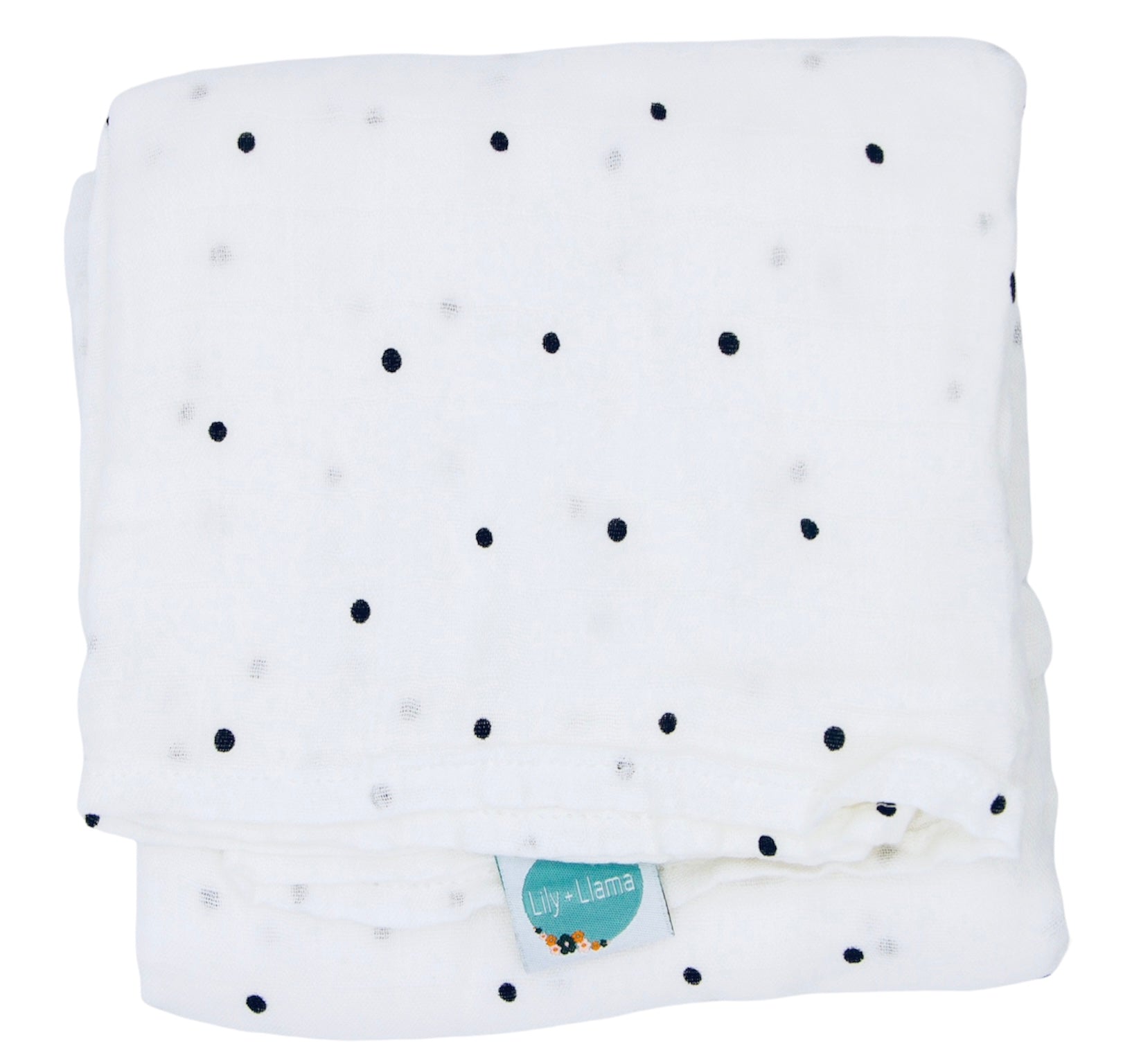 White muslin receiving blanket with classic black polka dots, lightweight breathable baby swaddle blanket featuring a soft Lily + Llama tag, ideal for newborns, infants, and everyday use.