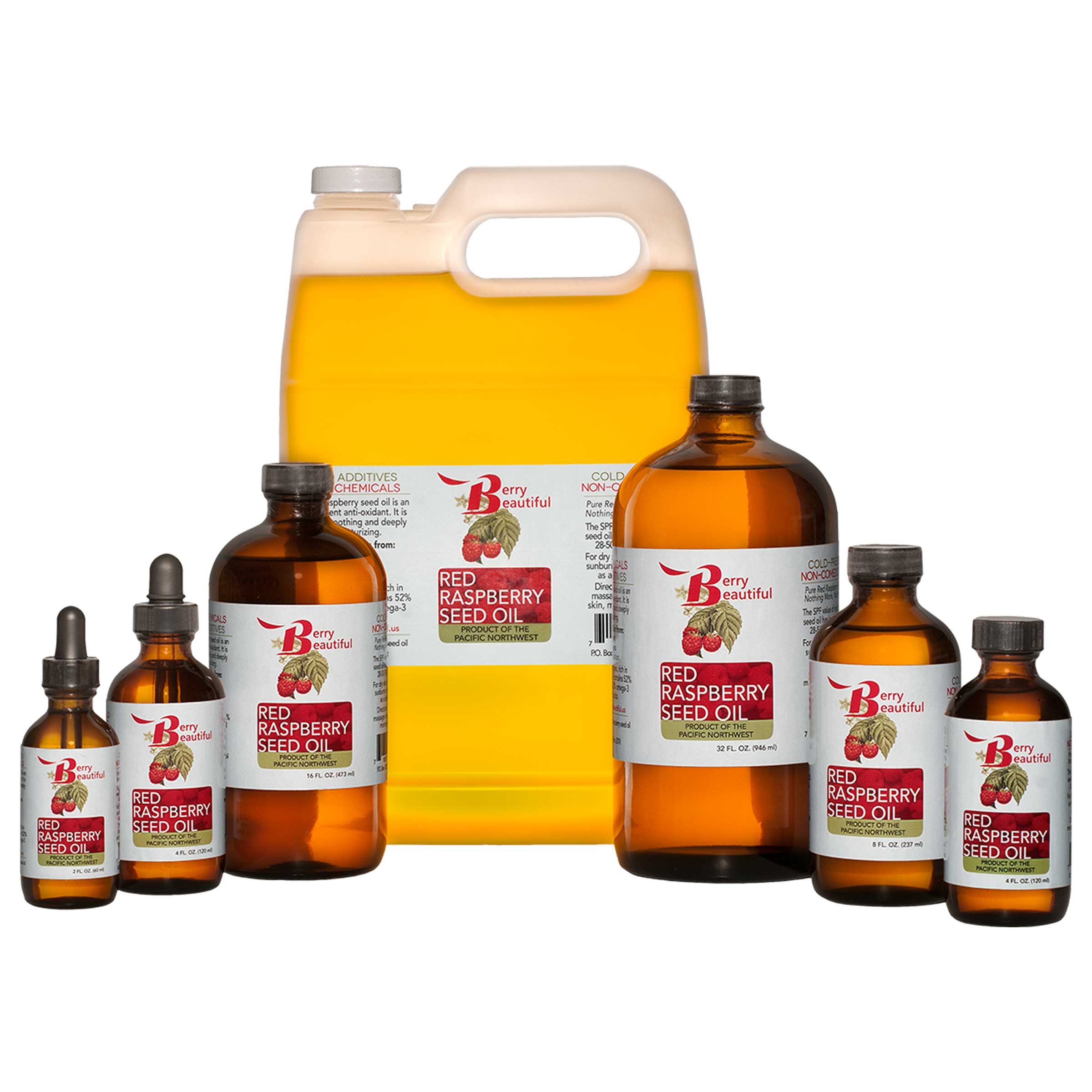Collection of Berry Beautiful red raspberry seed oil products on a white background