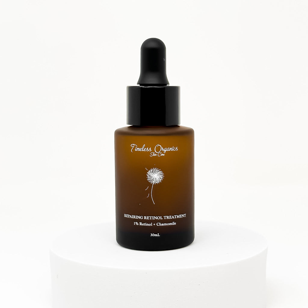 Skincare dropper bottle with 'Timeless Organics' branding on a white background