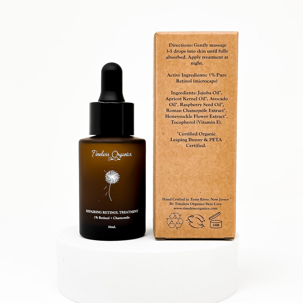 Skincare dropper bottle with a cardboard box on a white background