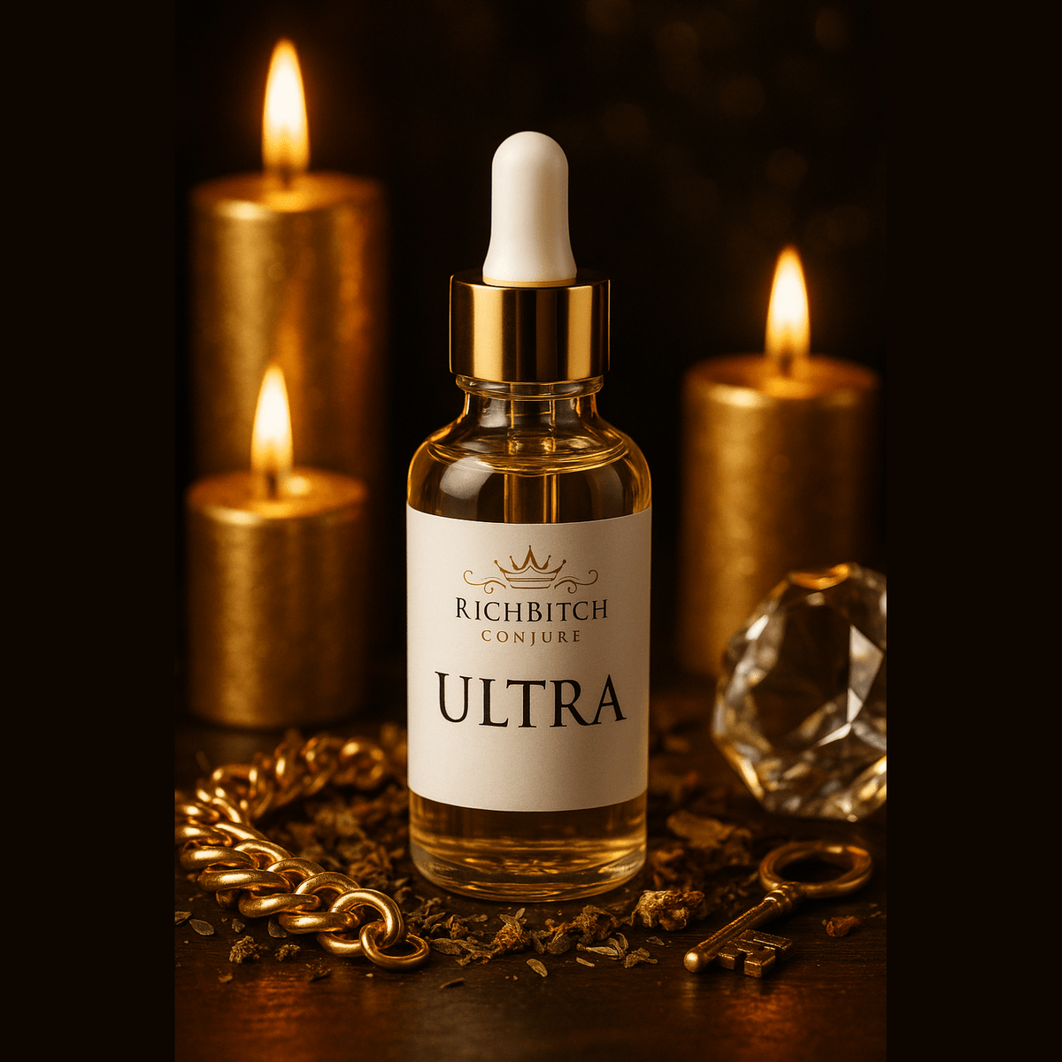 Bottle labeled 'Richbitch Conjure Ultra' with candles and decorative items on a dark background