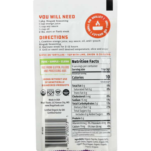 Back of Riega Organic Carne Asada Taco Seasoning package showing cooking directions, nutrition facts, ingredient list, barcode, certification logos, and product information on a white background.