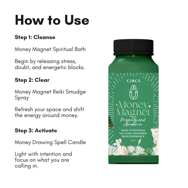 Circe Money Magnet Ritual Set how-to-use guide featuring Money Magnet Spiritual Bath, Reiki Smudge Spray and Money Drawing Spell Candle for prosperity, abundance, wealth manifestation, cleansing and intention rituals