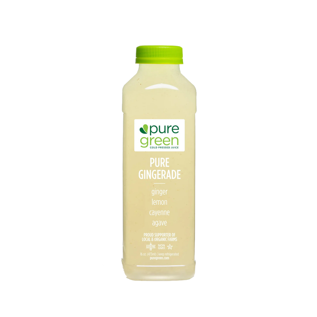 Bottle of pure green pure gingerade on a white background. PURE GREEN PURE GINGERADE Cold-Pressed NON-GMO Juice Drink with Filtered Water, Ginger, Lemon, Agave, and Cayenne, No Added Sugar, Gluten-Free