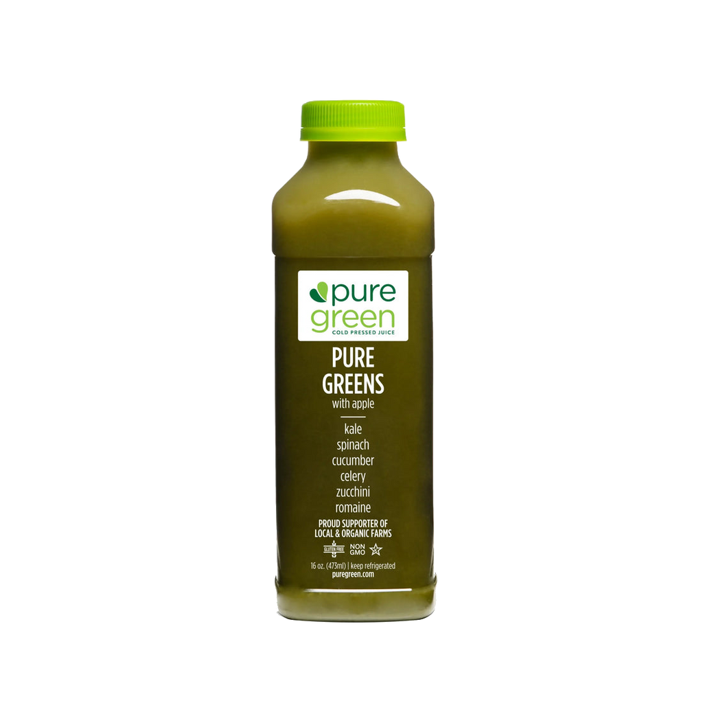 Bottle of pure green juice with a white background. PURE GREENS APPLE: Cold-Pressed NON-GMO Juice Drink with with Cucumber, Apple, Celery, Spinach, Ginger, Kale, Apple Cider, Vinegar, Spirulinal, Mint, No Added Sugar, Gluten-Free