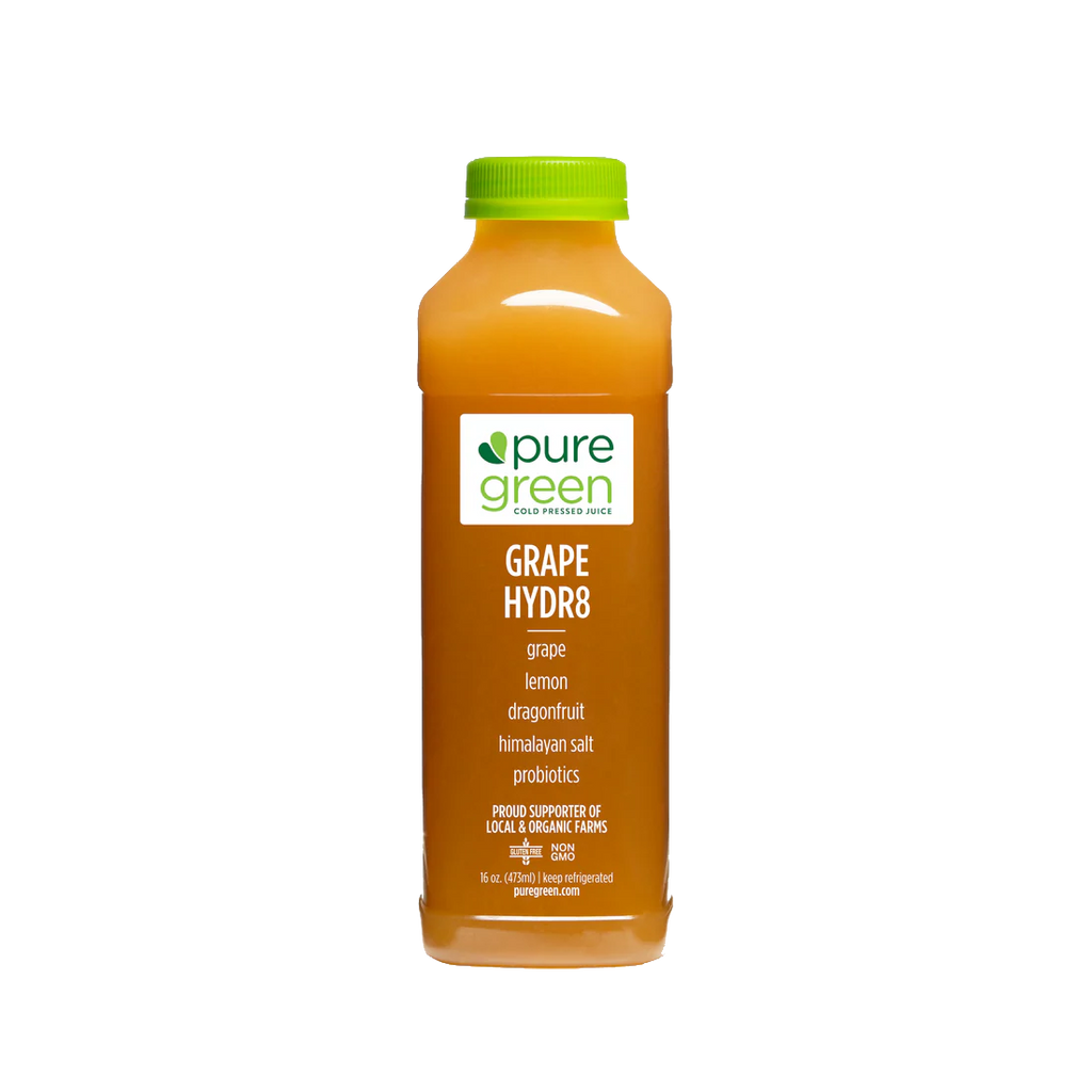 Bottle of pure green Grape Hydr8 juice on a white background. PURE GREEN GRAPE HYDR8 NON-GMO Antioxidant Cold-Pressed Grape Juice with Lemon, Dragonfruit, Himalayan Salt & Probiotics