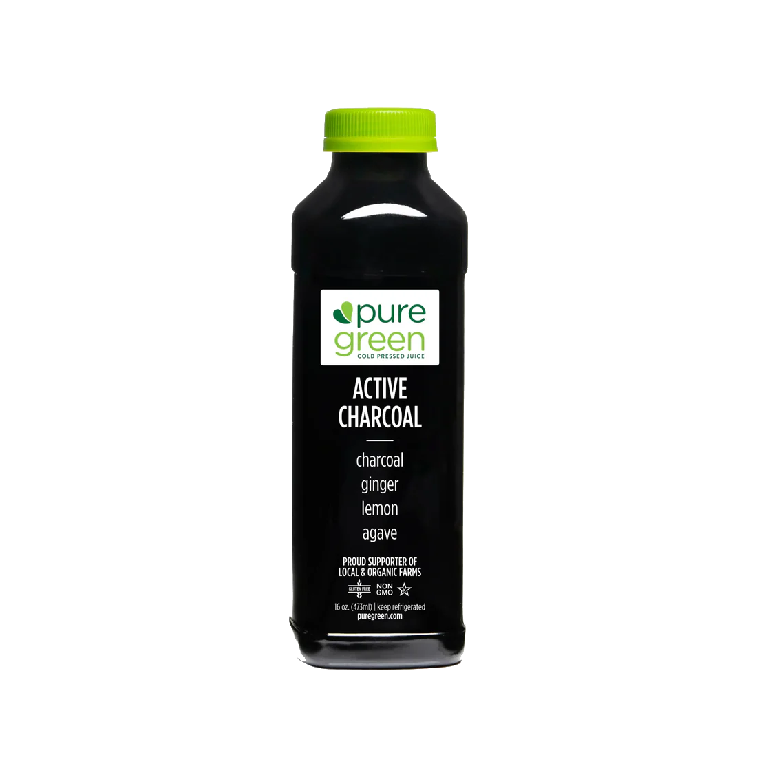 Black bottle of pure green Active Charcoal drink with a green cap on a white background. Pure Green COLD Pressed Juice. Ingredients include: Activated Charcoal, Ginger, Lemon and Agave. Kosher, NON-GMO and Gluten Free Juice Drink.