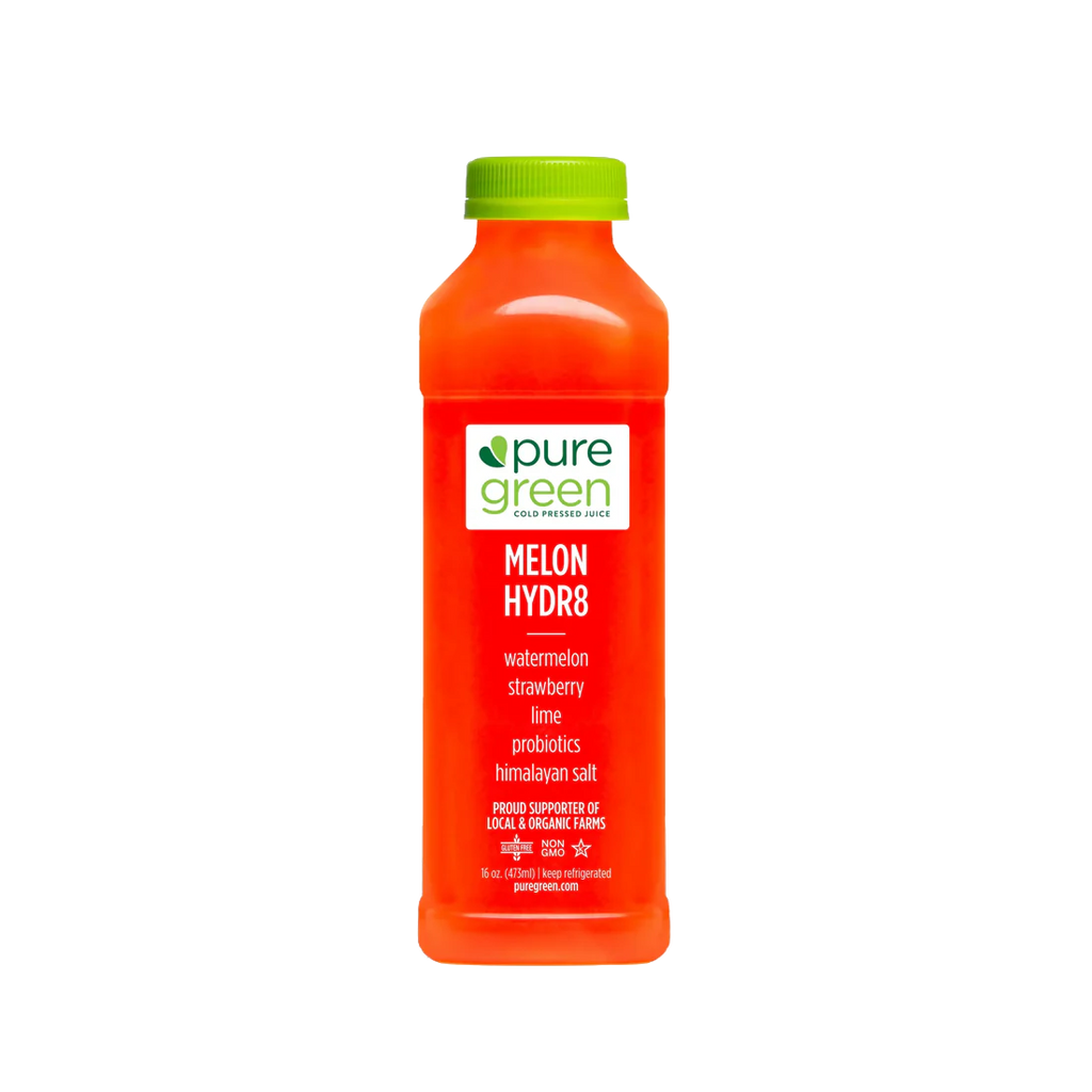 Orange bottle of pure green Melon HYDR8 on a white background. Watermelon, Strawberry, Lime, Probiotics, Himalayan Salt, proud supporters of local and organic farms. The PURE GREEN company cold pressed juice drink.