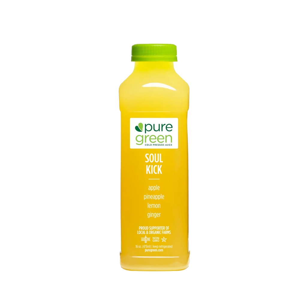 Yellow bottle of pure green juice with a green cap on a white background. PURE GREEN SOUL KICK: Cold-Pressed NON-GMO Juice Drink with Apple, Pineapple, Lemon and Ginger, No Added Sugar, Gluten-Free