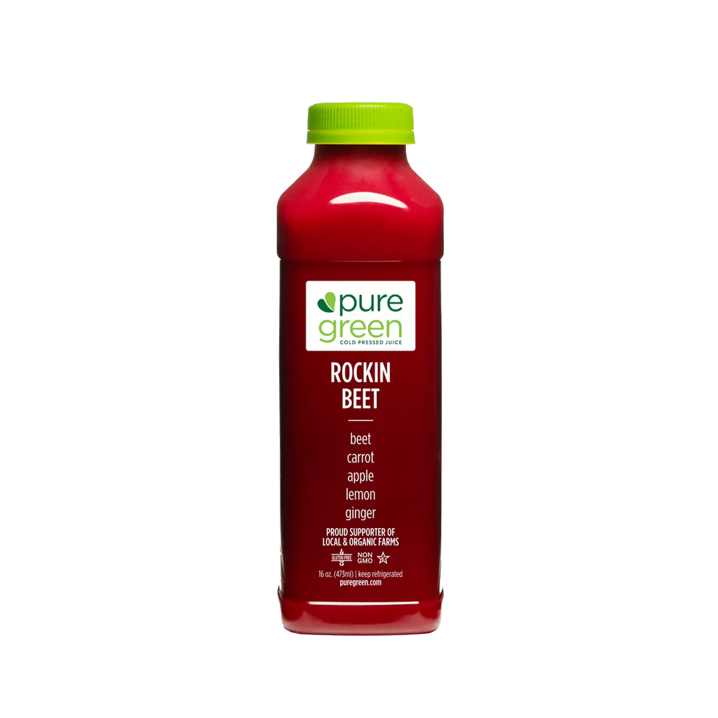 Bottle of pure green Rockin Beet juice on a white background. Cold-Pressed juice drink with Beets, Carrot, Apple, Lemon and Ginger. A NON-GMO juice drink in 16 - oz bottle. The Pure Green Cold Pressed Juice company is a proud supporter of local and organic farms.
