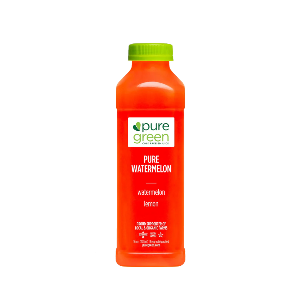 Orange bottle of pure green watermelon lemon juice on a white background. PURE GREEN PURE WATERMELON Cold-Pressed NON-GMO Juice Drink with Lemon, No Added Sugar, Gluten-Free Two ingredient only drink. No Added Sugars, Gluten-Free Juice Drink.