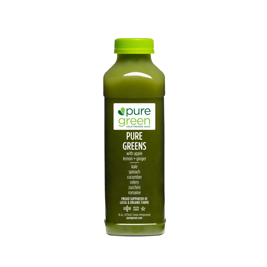 Bottle of pure green juice with a white background. PURE GREENS ALG: Cold-Pressed NON-GMO Juice Drink with with Apple, Lemon, Ginger, Kale, Spinach, Cucumber, Celery, Zucchini and Romaine, No Added Sugar, Gluten-Free