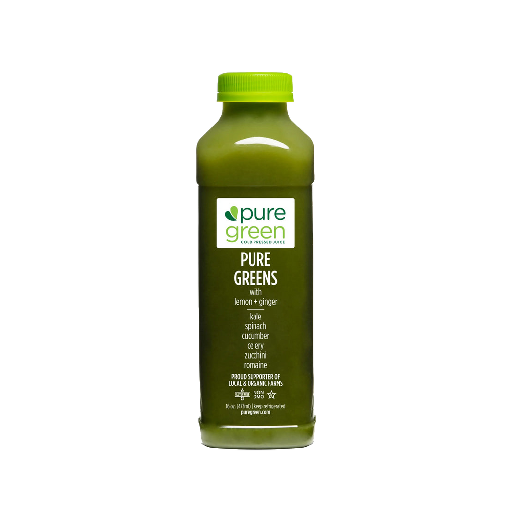 Bottle of pure green juice with a white background. Pure Greens with lemon, ginger, kale, spinach, cucumber, celery, zucchini, and romaine. This company is a proud supporter of local and organic farms. PURE GREENS LG Pure Greens Cold-Pressed Juice Drink with Lemon, Ginger, Kale, Spinach, Cucumber, Celery, Zucchini, and Romaine.
