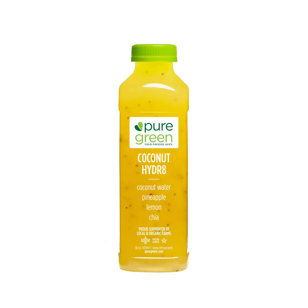Bottle of pure green coconut water pineapple lemon chia on a white background. PURE GREEN COCONUT HYDRATE  Cold-Pressed NON-GMO Juice Drink with Coconut Water, Pineapple, Lemon and Chia, No Added Sugar, Gluten-Free