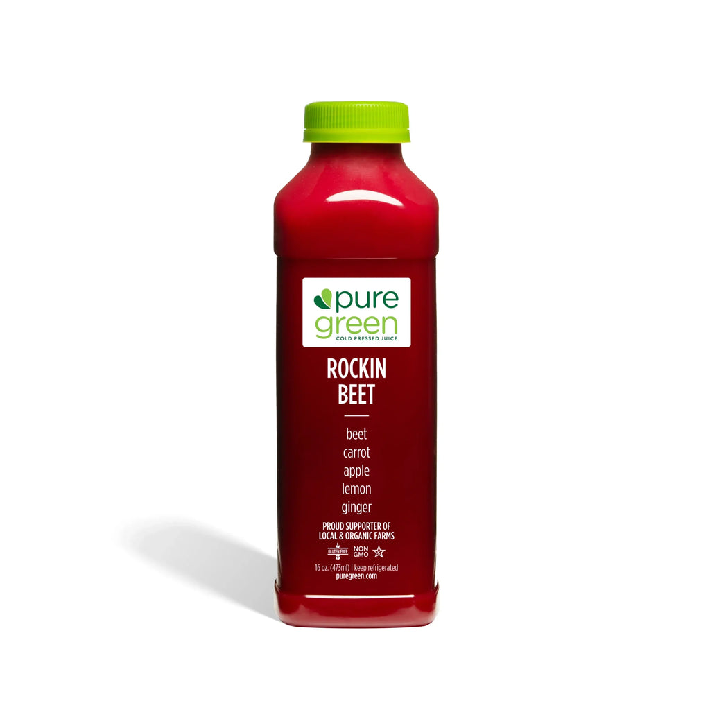 Bottle of pure green Rockin Beet juice on a white background. Cold-Pressed juice drink with Beets, Carrot, Apple, Lemon and Ginger. A NON-GMO juice drink in 16 - oz bottle. The Pure Green Cold Pressed Juice company is a proud supporter of local and organic farms.