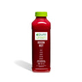 Bottle of pure green Rockin Beet juice on a white background. Cold-Pressed juice drink with Beets, Carrot, Apple, Lemon and Ginger. A NON-GMO juice drink in 16 - oz bottle. The Pure Green Cold Pressed Juice company is a proud supporter of local and organic farms.