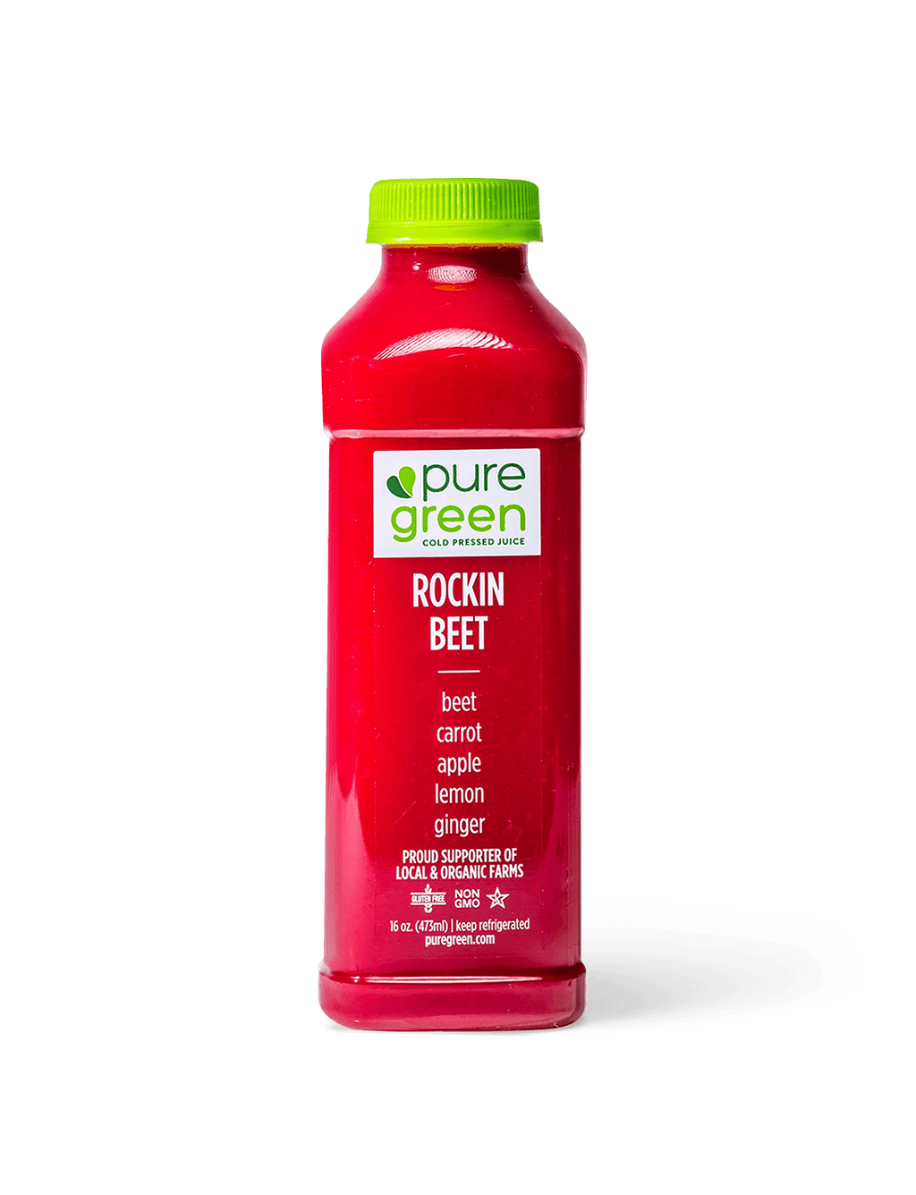 Red bottle of pure green Rockin Beet juice with a green cap on a gray background. Pure Green Juice 'Til Dinner, Cold Pressed Juice Drink 4pk: NON-GMO, No Added Sugar, Gluten Free Juice Drink
