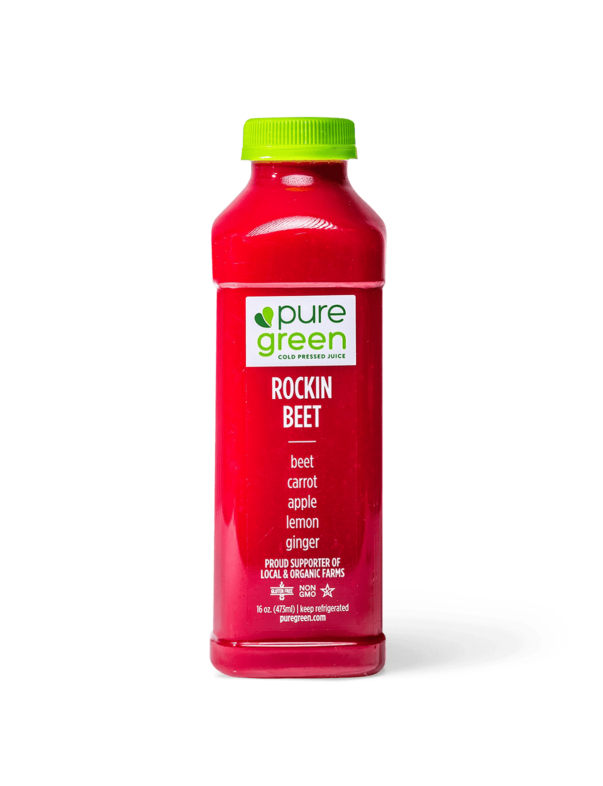 Red bottle of pure green Rockin Beet juice with a green cap on a gray background. Pure Green Juice 'Til Dinner, Cold Pressed Juice Drink 4pk: NON-GMO, No Added Sugar, Gluten Free Juice Drink