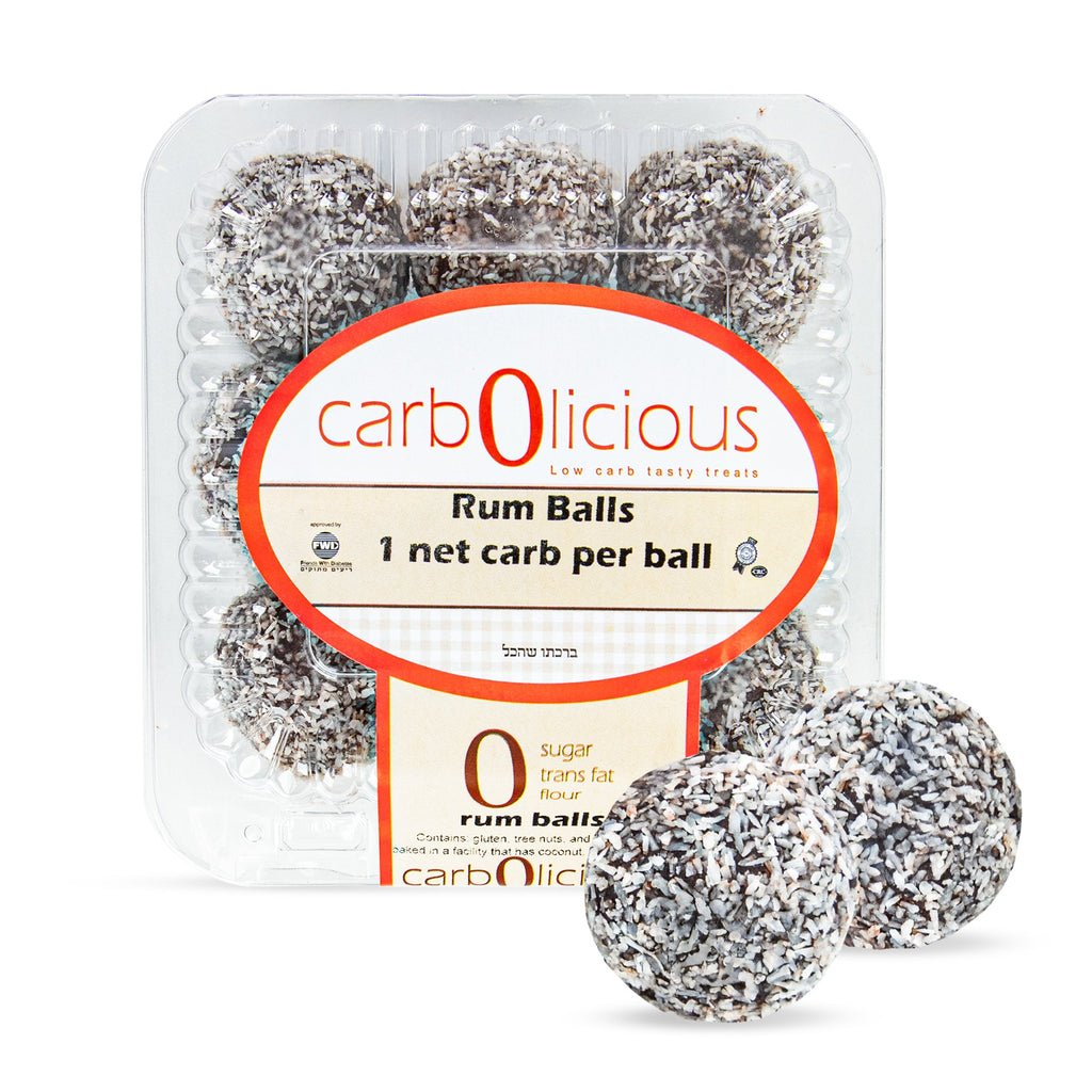 Carbolicious Rum Balls in a clear plastic tray, coated in shredded coconut, featuring sugar-free, low-carb, keto-friendly rum balls with 1g net carbs each. Pack of 9 gourmet chocolate treats.