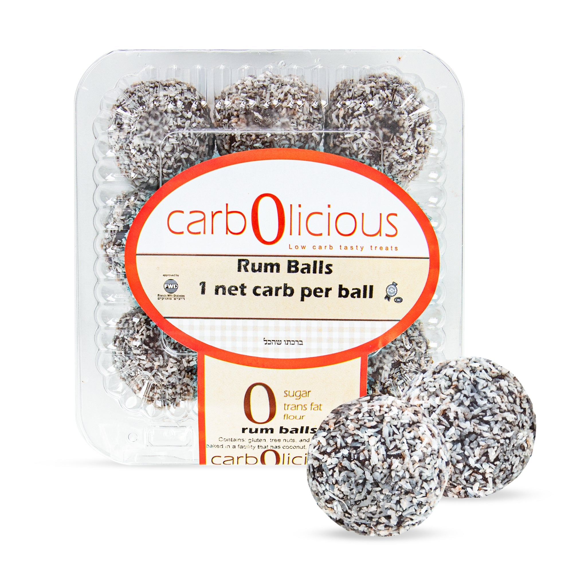 Carbolicious Rum Balls in a clear plastic tray, coated in shredded coconut, featuring sugar-free, low-carb, keto-friendly rum balls with 1g net carbs each. Pack of 9 gourmet chocolate treats.