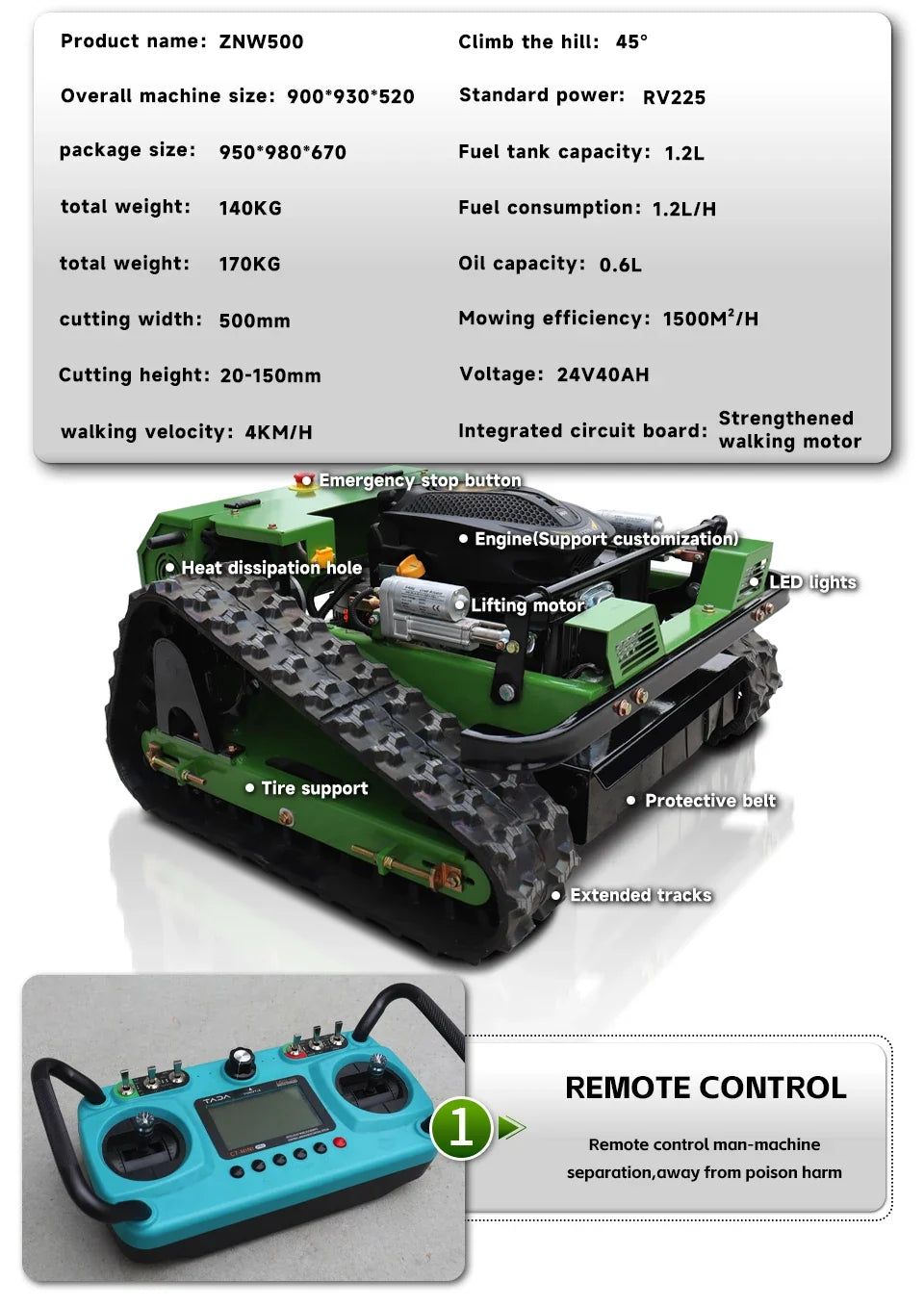 A product infographic for a remote-controlled crawler toy. The image features a main product photo of the green crawler with white callout labels, a separate inset image of its blue remote control, and a gray text box listing specifications on the top left.