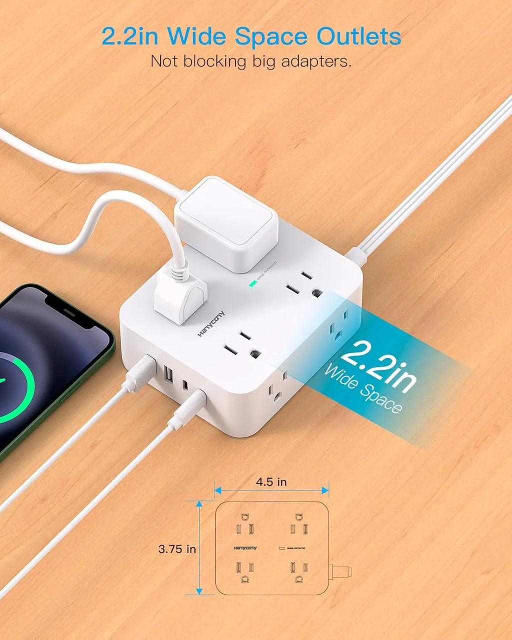 White power strip with multiple outlets and USB ports on a wooden surface, showing 2.2-inch wide space outlets. Surge Protector Power Strip with 8 Outlets and 4 USB Ports, Ultra Thin Flat Plug for Home Office Dorm Essentials. This power strip has 8 AC Outles, 2 USB-A Ports, 2 USB-C Ports, ON/OFF Switch, Surge Protection, 2.2 IN Wide Space, Flat Plug, Wall Mount with a warranty and ETL Listed credentials. 