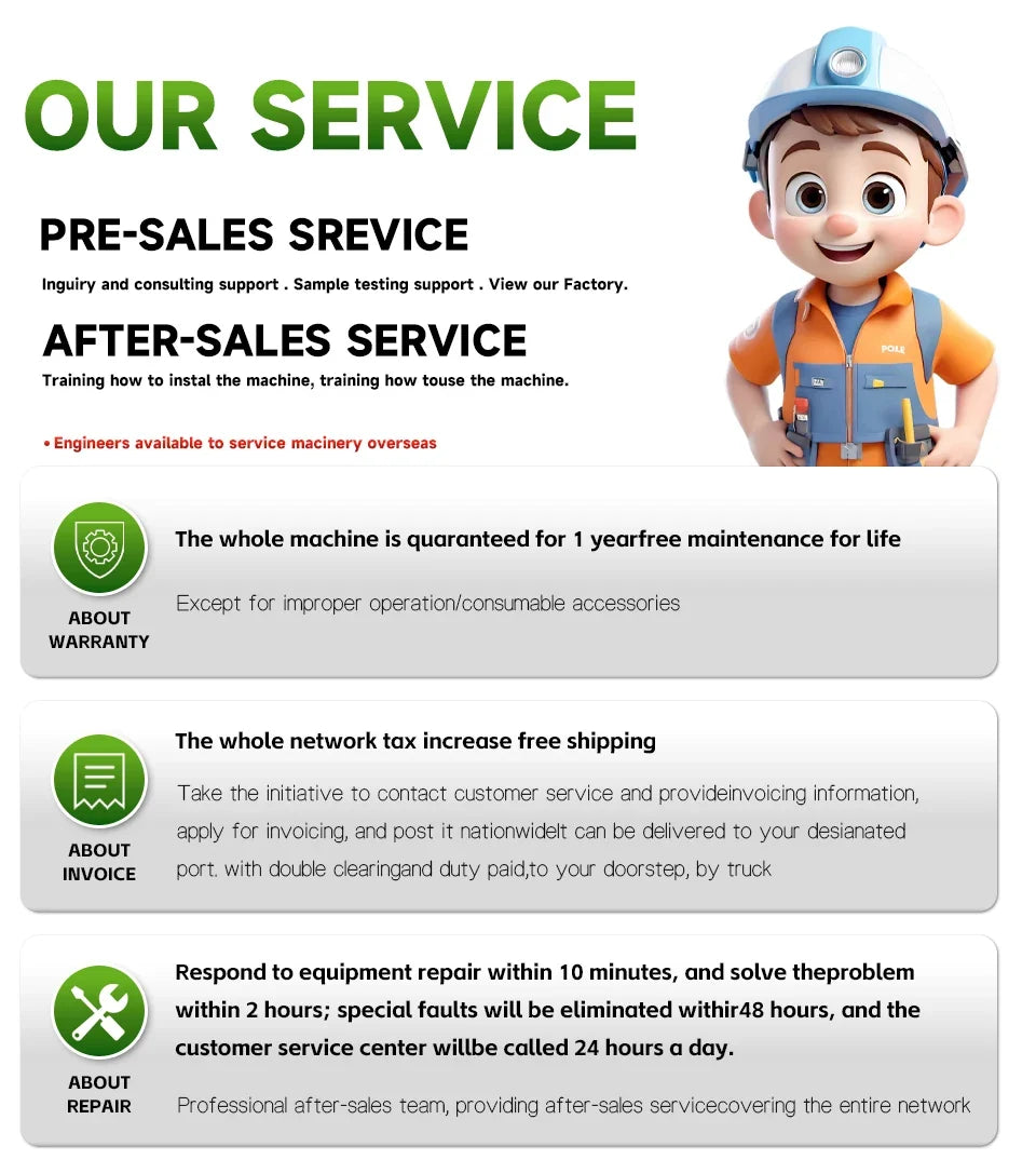 Promotional service graphic for a machine manufacturer with text about pre-sales and after-sales service, warranty, shipping, and repair times, plus a cartoon mechanic character on the right.