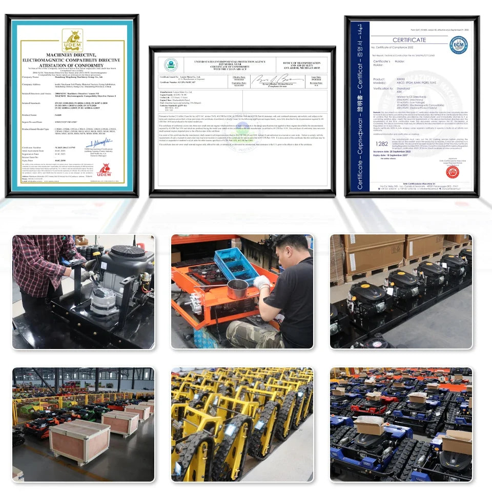 A collage showing three framed certification certificates at the top and eight smaller photos below depicting industrial machinery, operators, storage areas, and rows of equipment in a warehouse or factory setting.