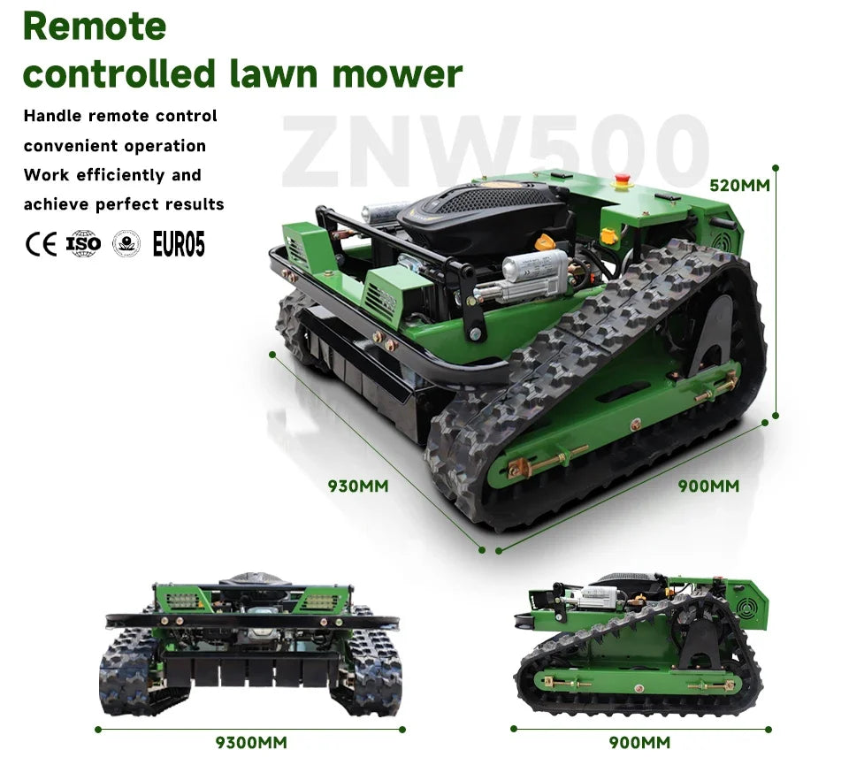 Green remote-controlled lawn mower shown on a white background with text and dimension callouts. The main view shows the mower at an angle with measurements labeled 930MM, 900MM, and 520MM.