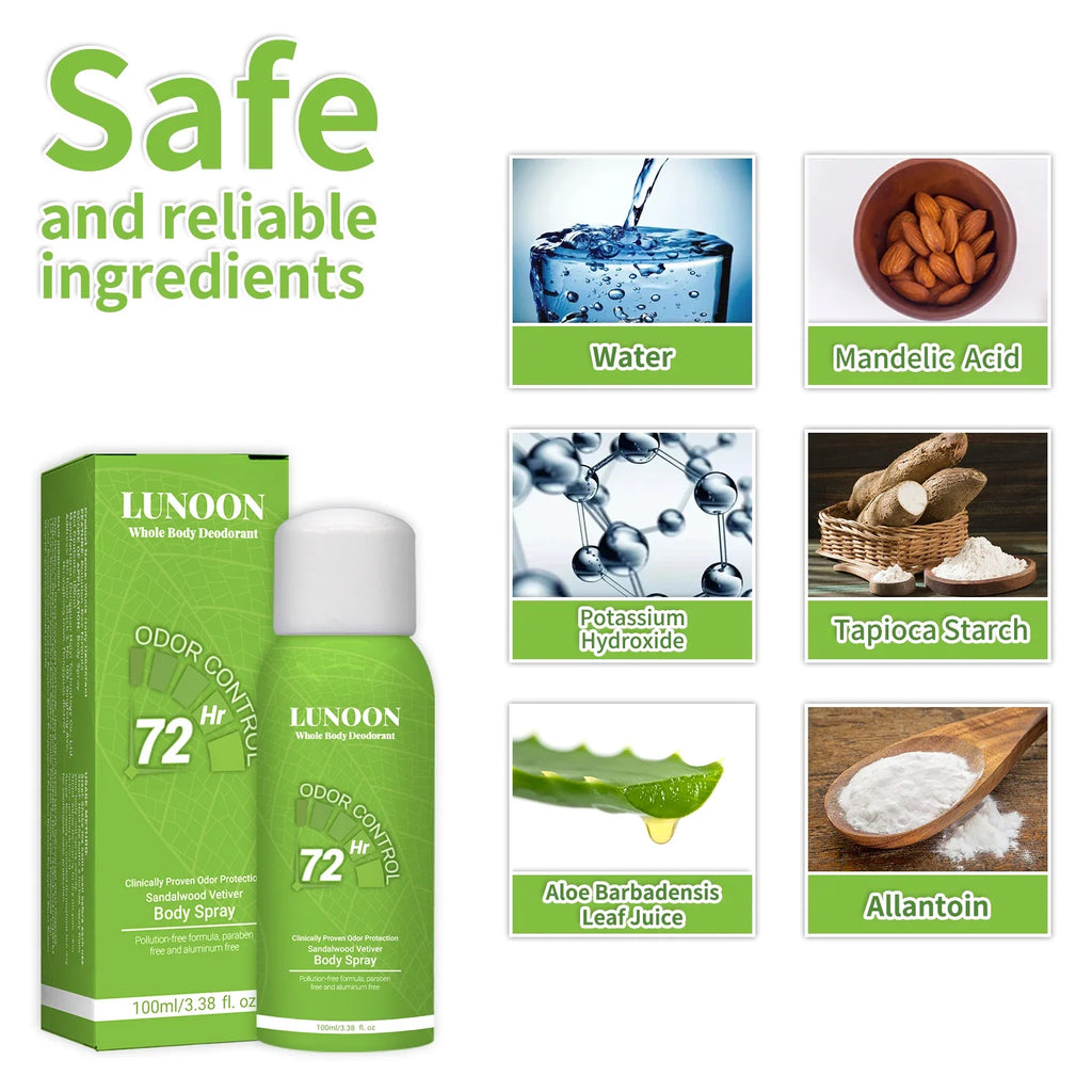 LUNOON Whole Body Deodorant Spray 100ml - Multi-Use for Underarms, Feet & More, 72-Hour Odor Control & Freshness