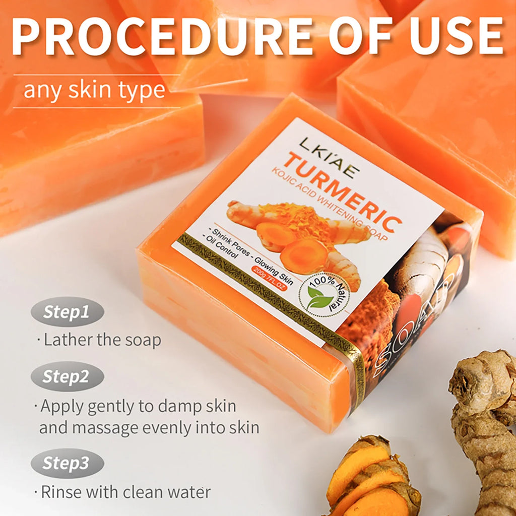 LKIAE Organic Turmeric Soap Bar, Natural Herbal Hand Made Whitening Soap, Remove Melanin, Acne, Spots, For Face And Body,200g