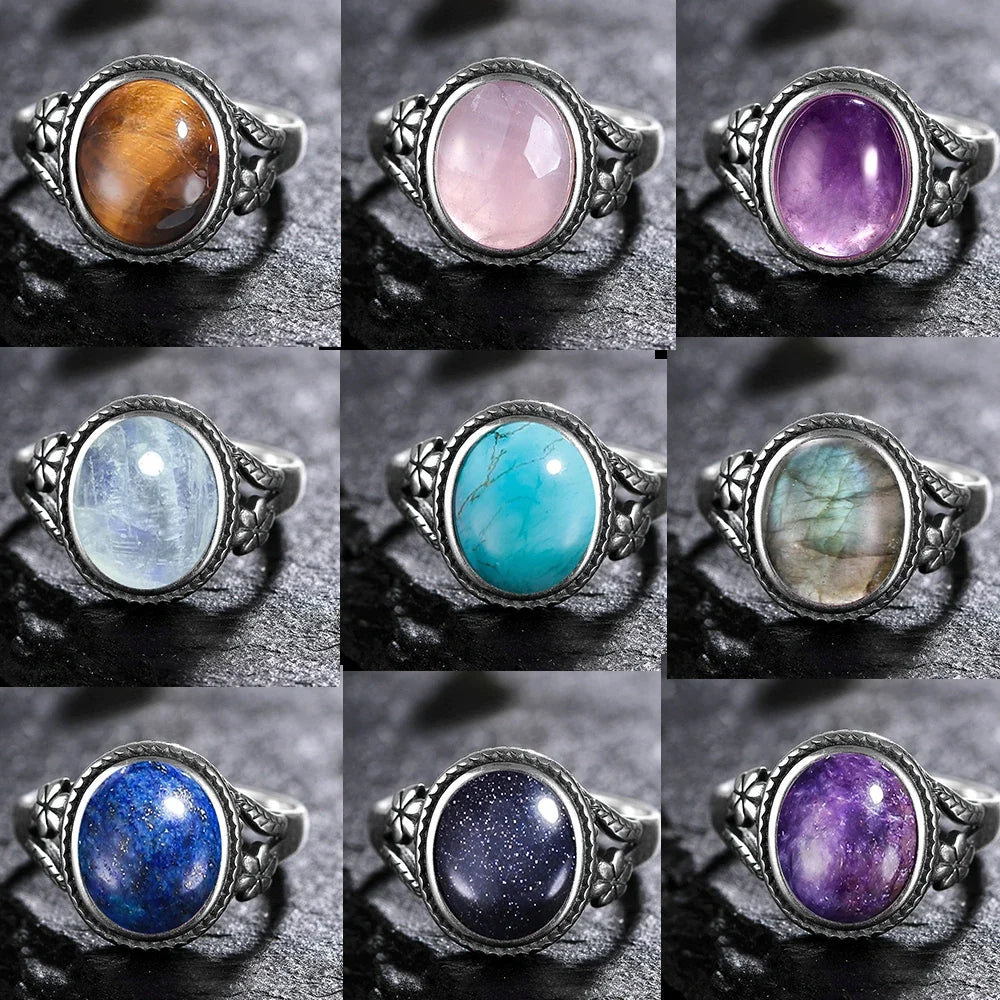 Sterling Silver Stone Oval Flower Ring
