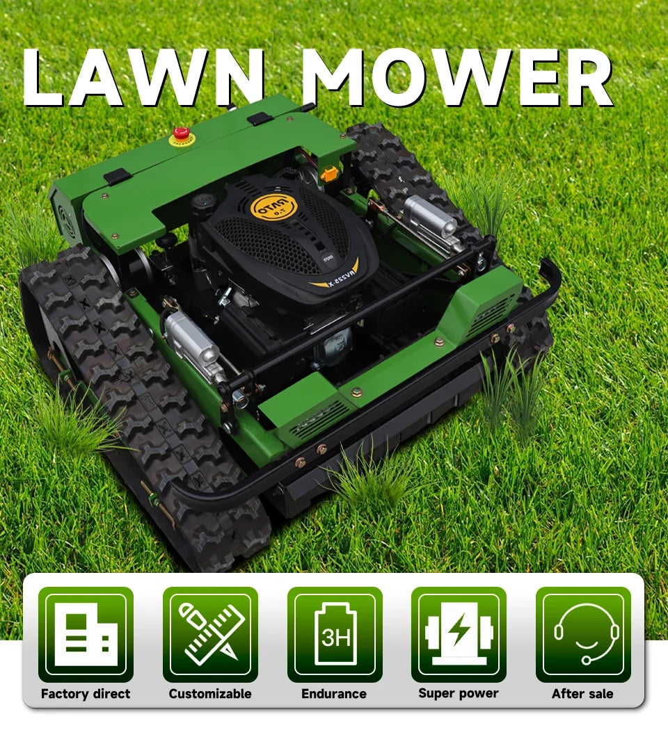 A green and black cordless lawn mower with caterpillar-style tracks, shown on a grassy lawn. Large white text at the top reads 'LAWN MOWER', and a white banner at the bottom features five green icons with labels: 'Factory direct', 'Customizable', 'Endurance', 'Super power', and 'After sale'.