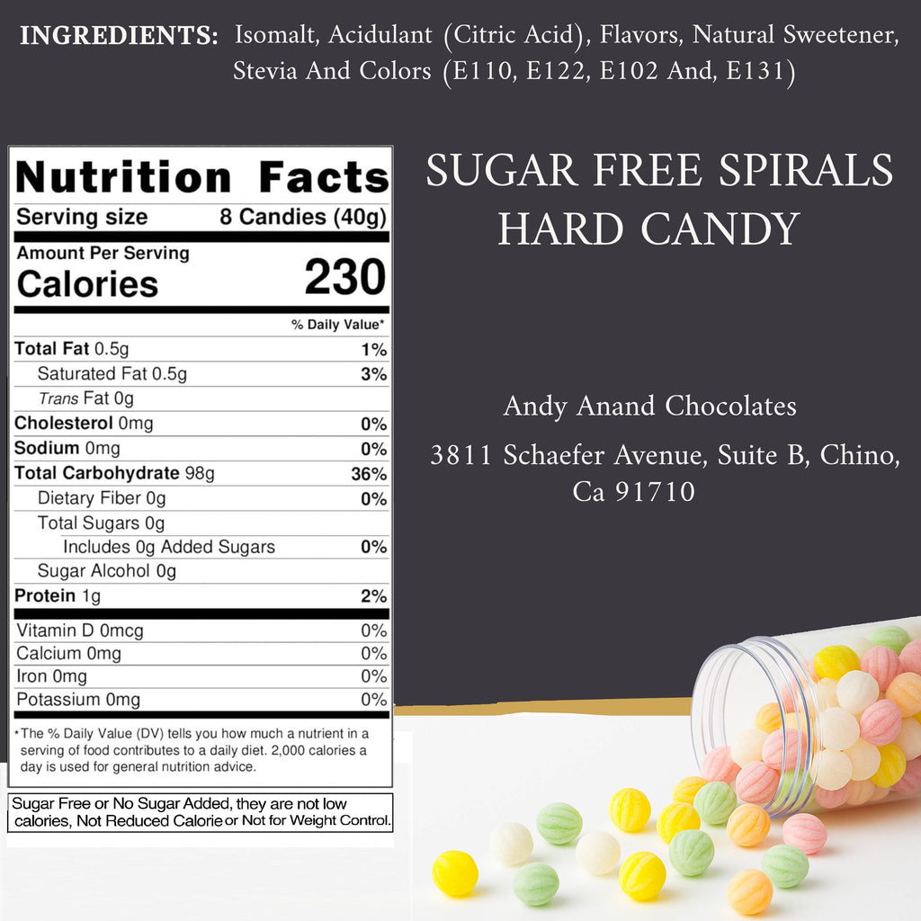 Andy Anand 110 Pc Sugar Free Spiral Candy - Hard Candy Spirals, Sweetened With Stevia. The Assortment Contains Five Flavors, Made in Spain, Stevia Candy - A Delicious and Healthy Treat 7 Oz