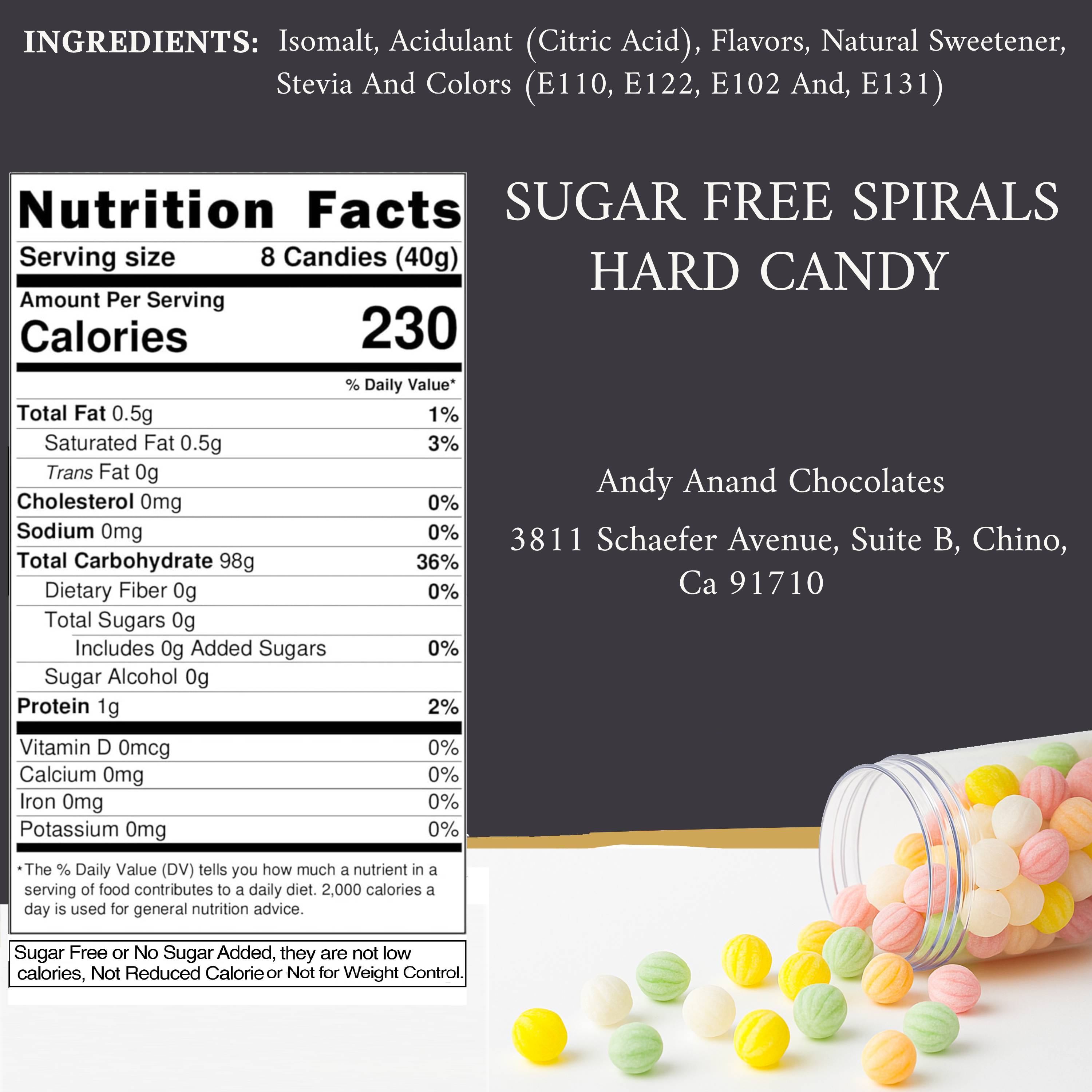 Andy Anand 110 Pc Sugar Free Spiral Candy - Hard Candy Spirals, Sweetened With Stevia. The Assortment Contains Five Flavors, Made in Spain, Stevia Candy - A Delicious and Healthy Treat 7 Oz