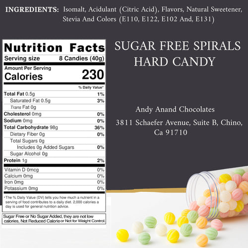 Andy Anand 110 Pc Sugar Free Spiral Candy - Hard Candy Spirals, Sweetened With Stevia. The Assortment Contains Five Flavors, Made in Spain, Stevia Candy - A Delicious and Healthy Treat 7 Oz