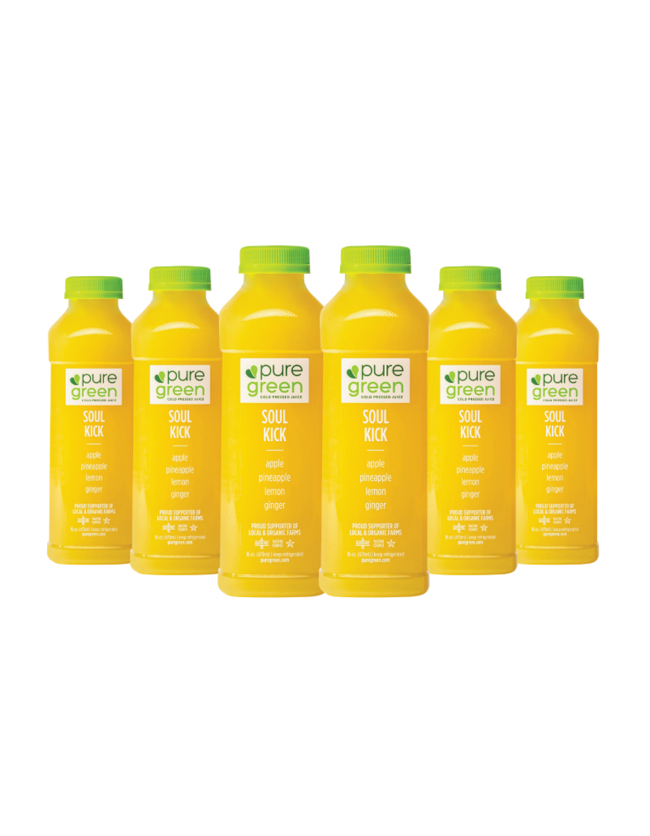 Set of six yellow bottles with green caps labeled 'pure green' on a white background. PURE GREEN SOUL KICK: Cold-Pressed NON-GMO Juice Drink with Apple, Pineapple, Lemon and Ginger, No Added Sugar, Gluten-Free