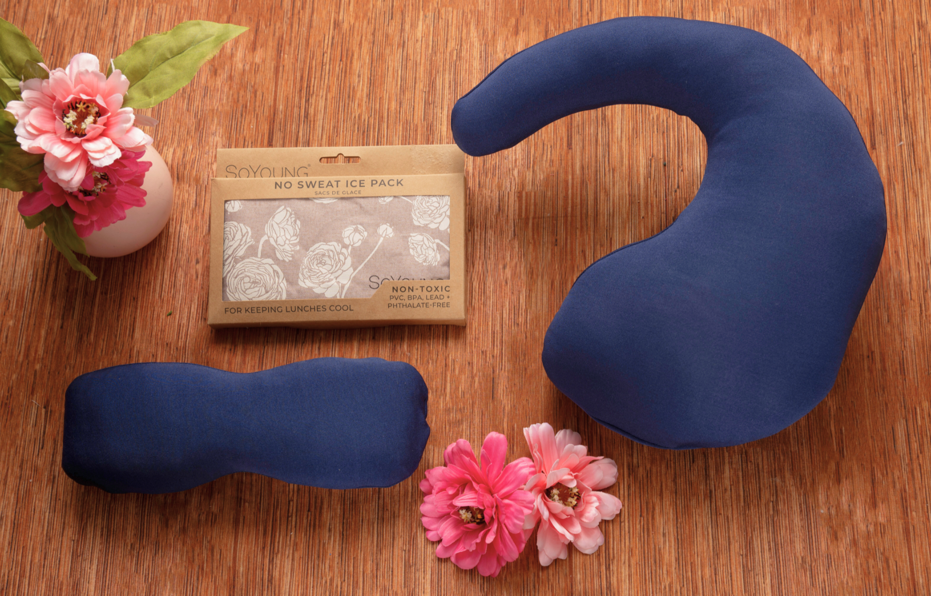 The Best Mastectomy Care Package featuring a navy blue memory foam neck pillow and eye mask, no-sweat ice pack, and thoughtful comfort essentials for breast cancer recovery, mastectomy recovery, post-surgery self-care, cancer survivor support, women’s wellness, healing, relaxation, rest, and compassionate care gifting.