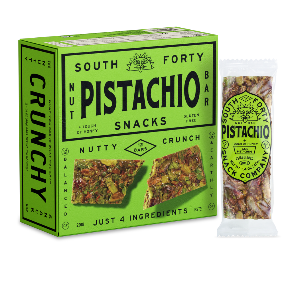 South Forty Pistachio Snacks Crunchy Nut Bar 12-Pack packaging with individual pistachio snack bar, gluten-free honey pistachio snack bars made with just 4 ingredients, healthy high-protein nut snack box, natural pistachio energy bars on transparent background