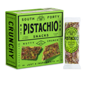 South Forty Pistachio Snacks Crunchy Nut Bar 12-Pack packaging with individual pistachio snack bar, gluten-free honey pistachio snack bars made with just 4 ingredients, healthy high-protein nut snack box, natural pistachio energy bars on transparent background
